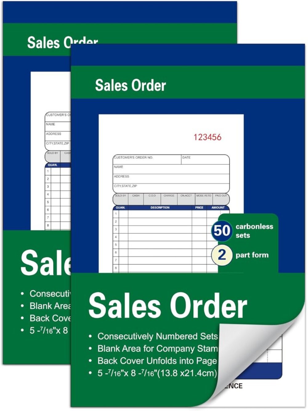 2 Pack Sales Order Books,50 Sets,5-7/16 x 8-7/16 Inches,2-Part Carbonless